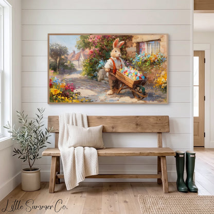 Easter Bunny with Wheelbarrow Frame TV Art displayed on a TV