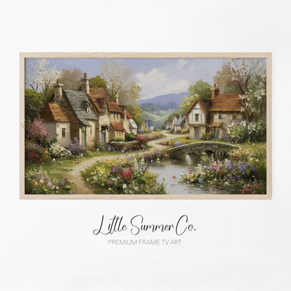 Cottage Village in Spring Frame TV Art displayed on a TV