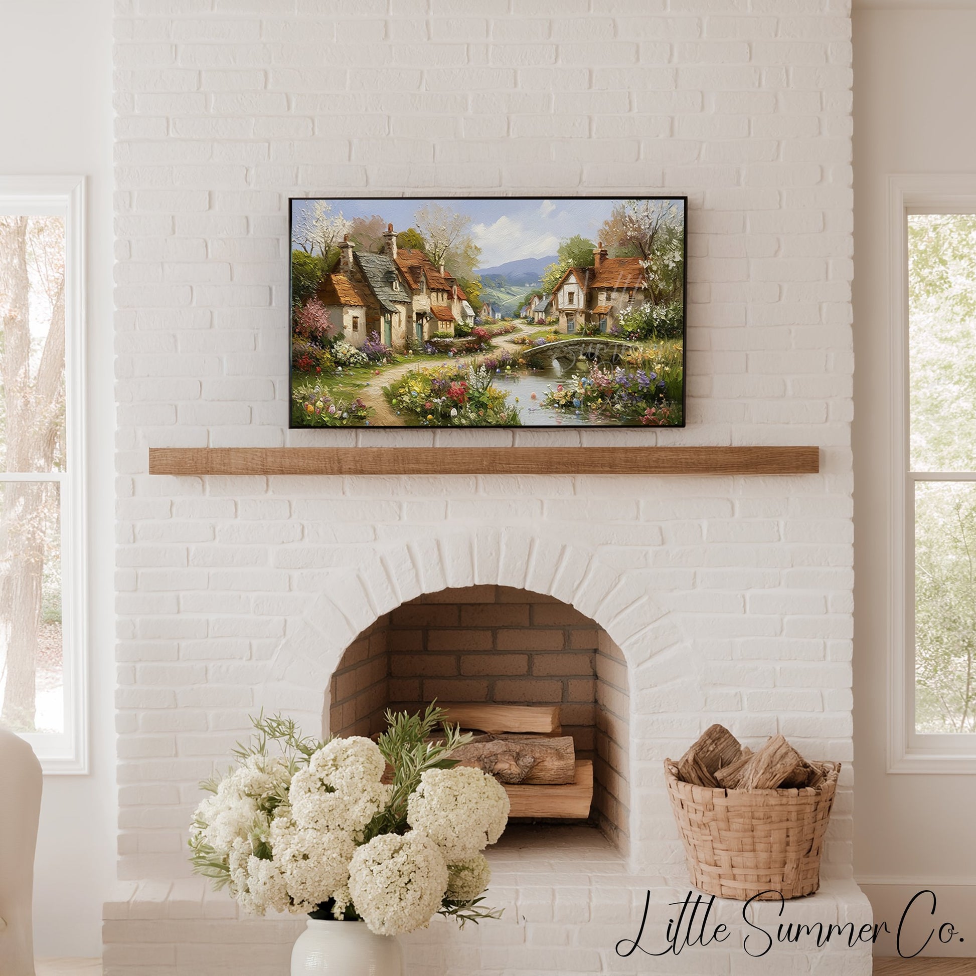 Cottage Village in Spring Frame TV Art displayed on a TV