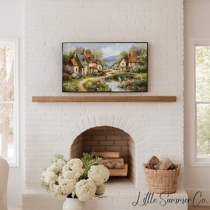 Cottage Village in Spring Frame TV Art displayed on a TV