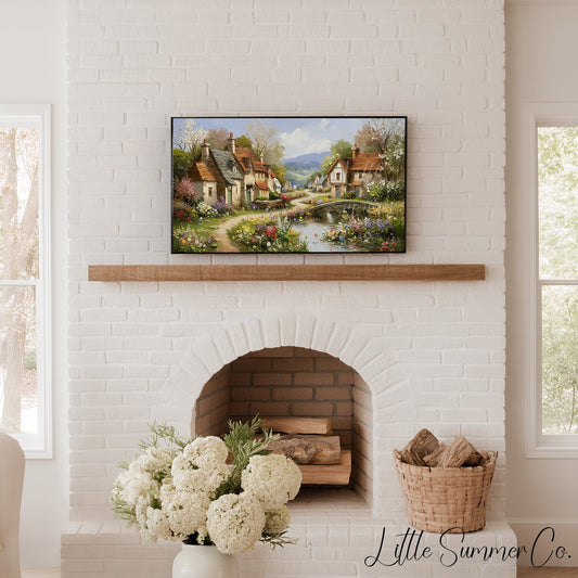 Cottage Village in Spring Frame TV Art displayed on a TV