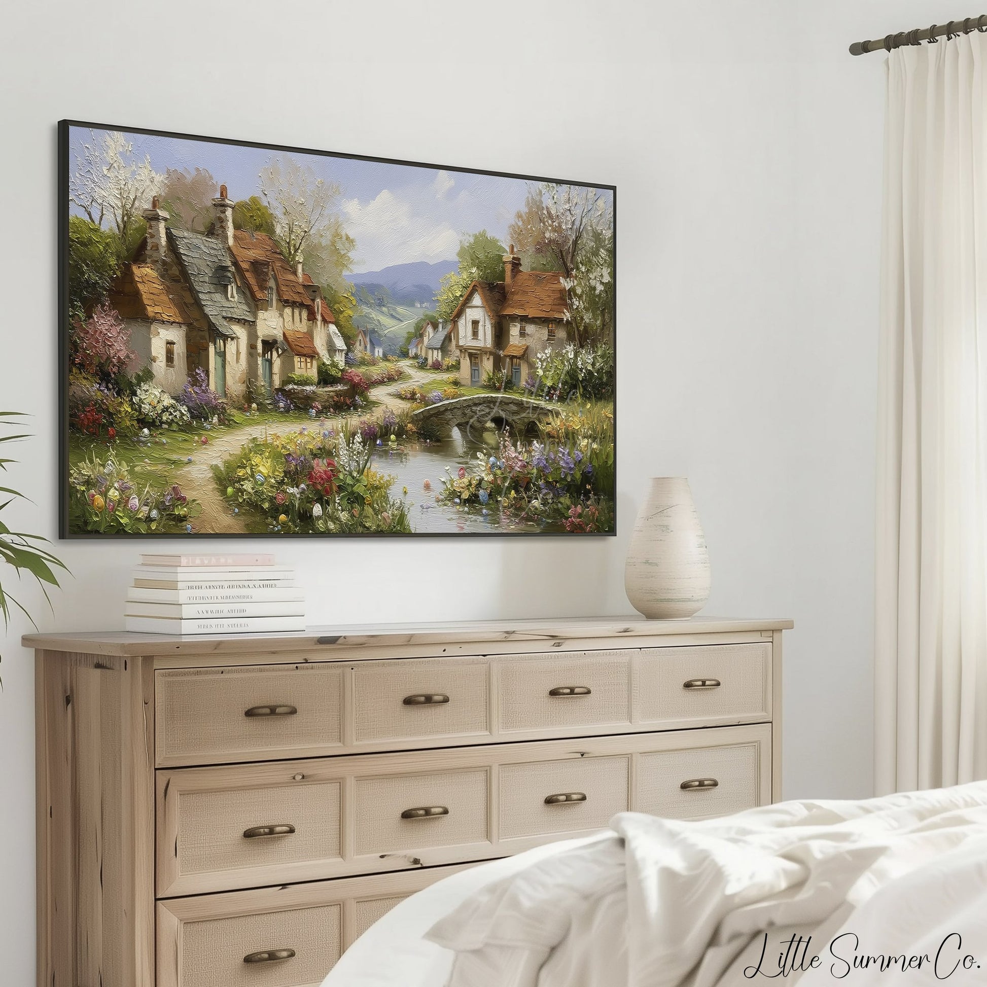 Cottage Village in Spring Frame TV Art displayed on a TV