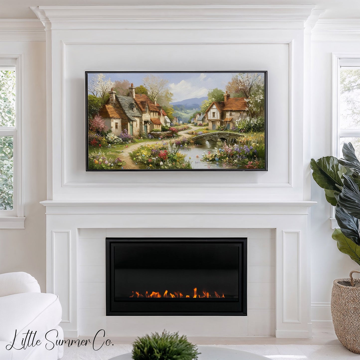 Cottage Village in Spring Frame TV Art displayed on a TV