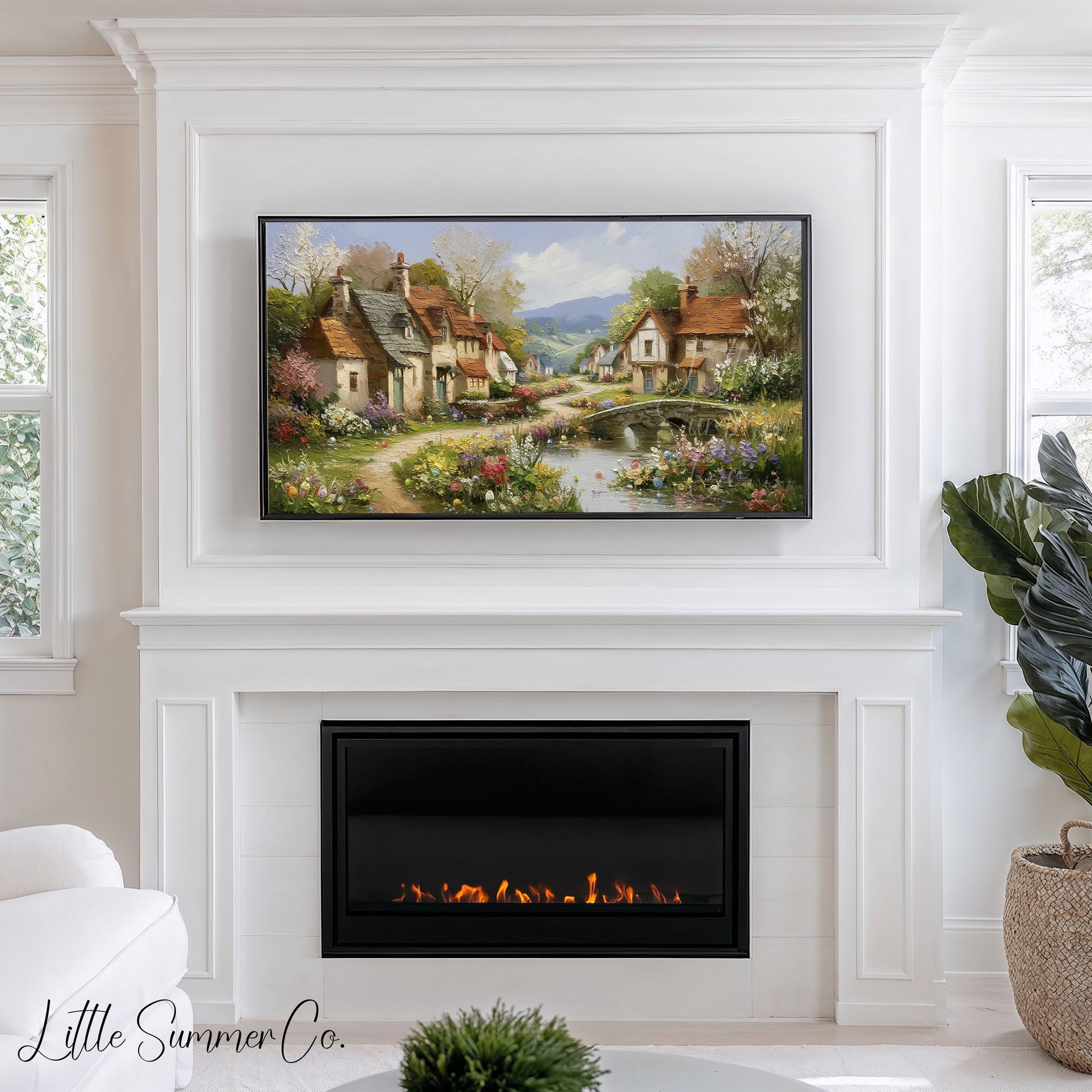 Cottage Village in Spring Frame TV Art displayed on a TV