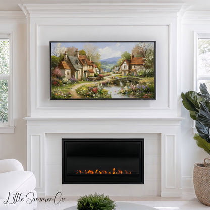 Cottage Village in Spring Frame TV Art displayed on a TV