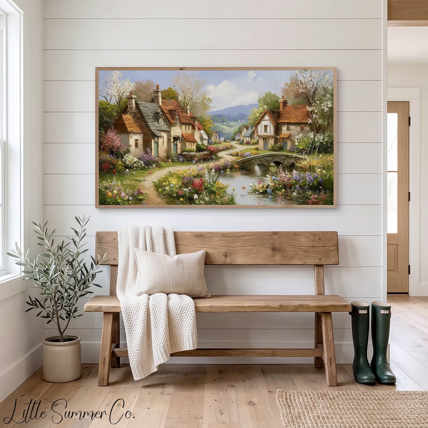 Cottage Village in Spring Frame TV Art displayed on a TV