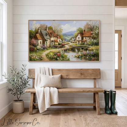 Cottage Village in Spring Frame TV Art displayed on a TV