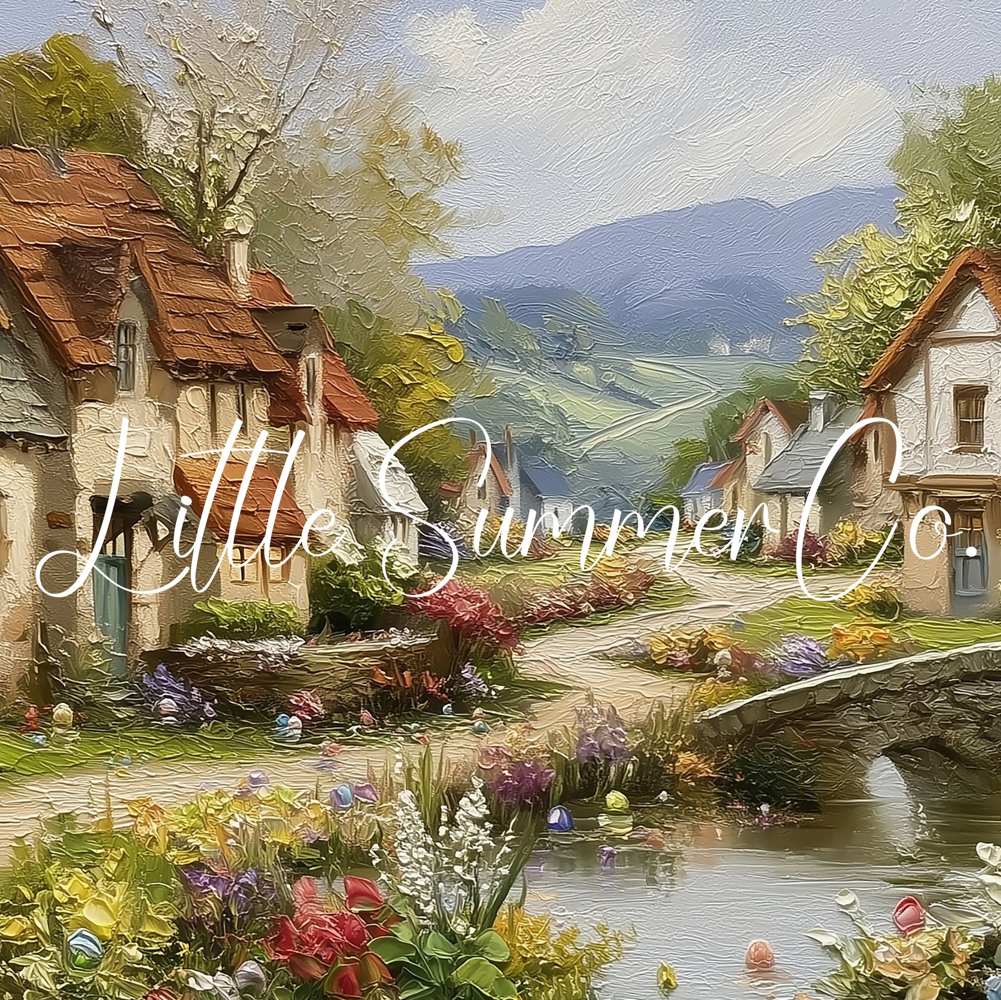 Cottage Village in Spring Frame TV Art displayed on a TV