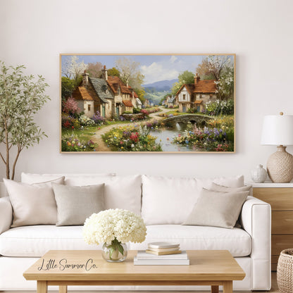 Cottage Village in Spring Frame TV Art displayed on a TV