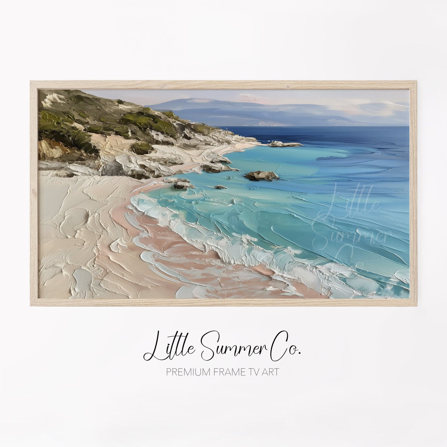 Turquoise Rocky Coastline Frame TV Art displayed on a TV