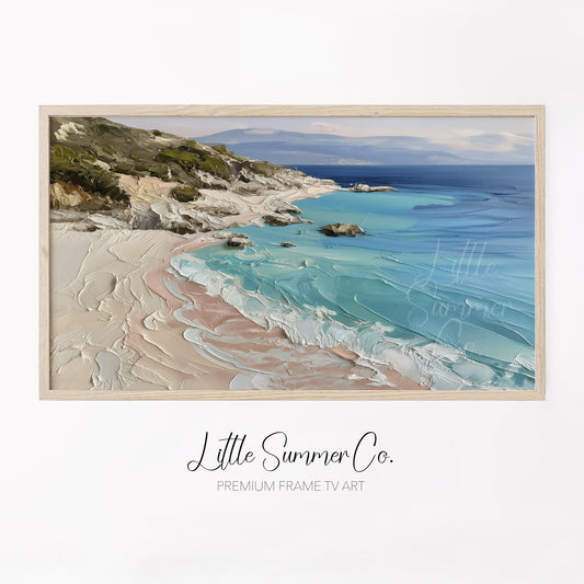 Turquoise Rocky Coastline Frame TV Art displayed on a TV