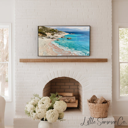 Turquoise Rocky Coastline Frame TV Art displayed on a TV