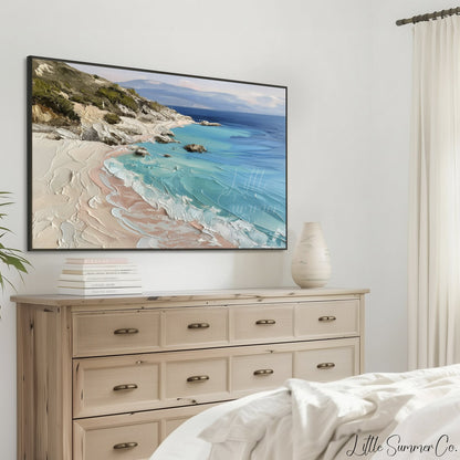 Turquoise Rocky Coastline Frame TV Art displayed on a TV
