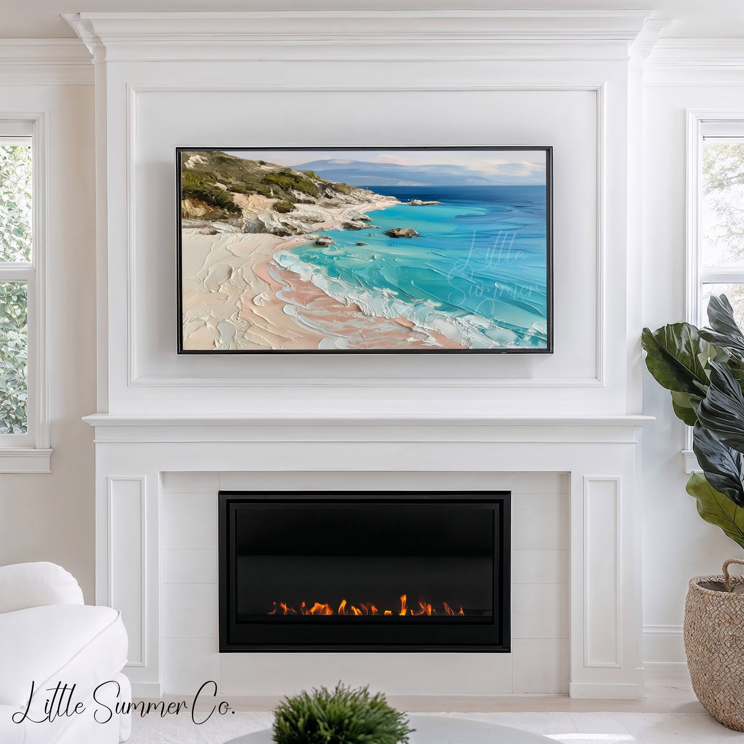 Turquoise Rocky Coastline Frame TV Art displayed on a TV