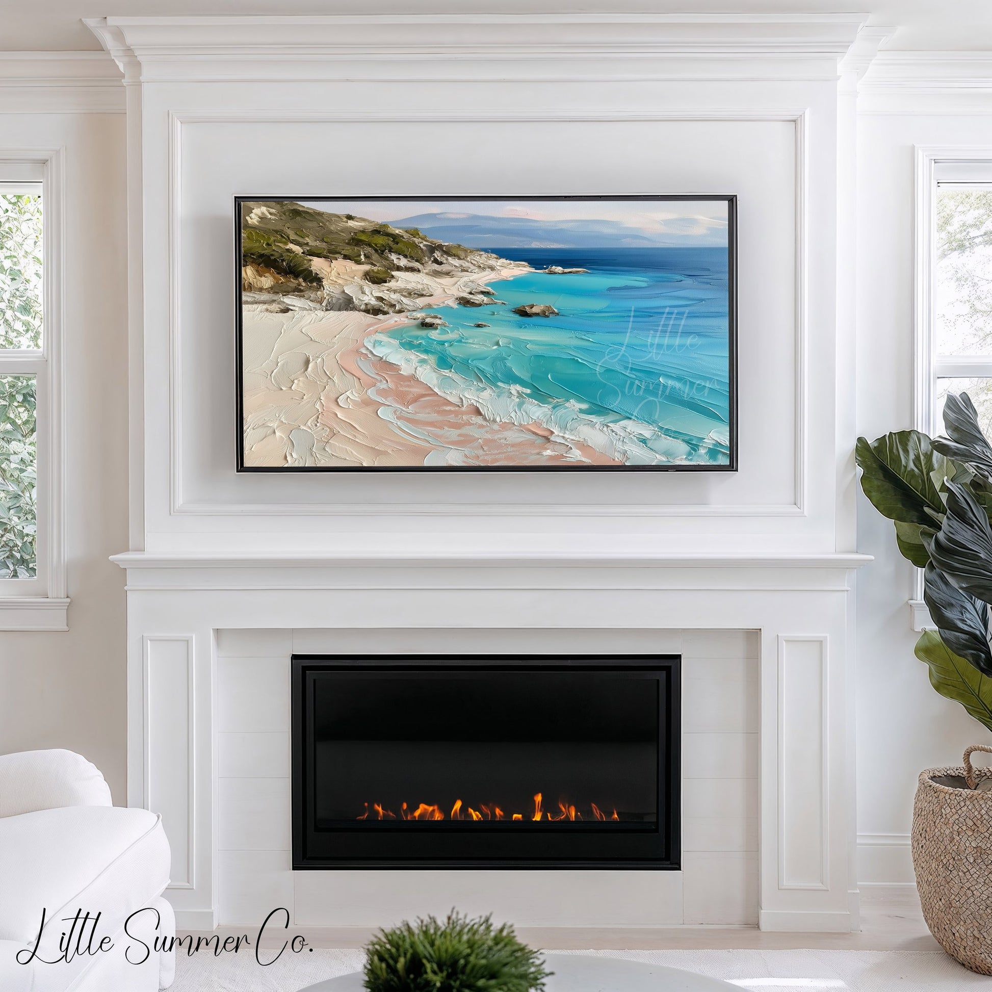 Turquoise Rocky Coastline Frame TV Art displayed on a TV