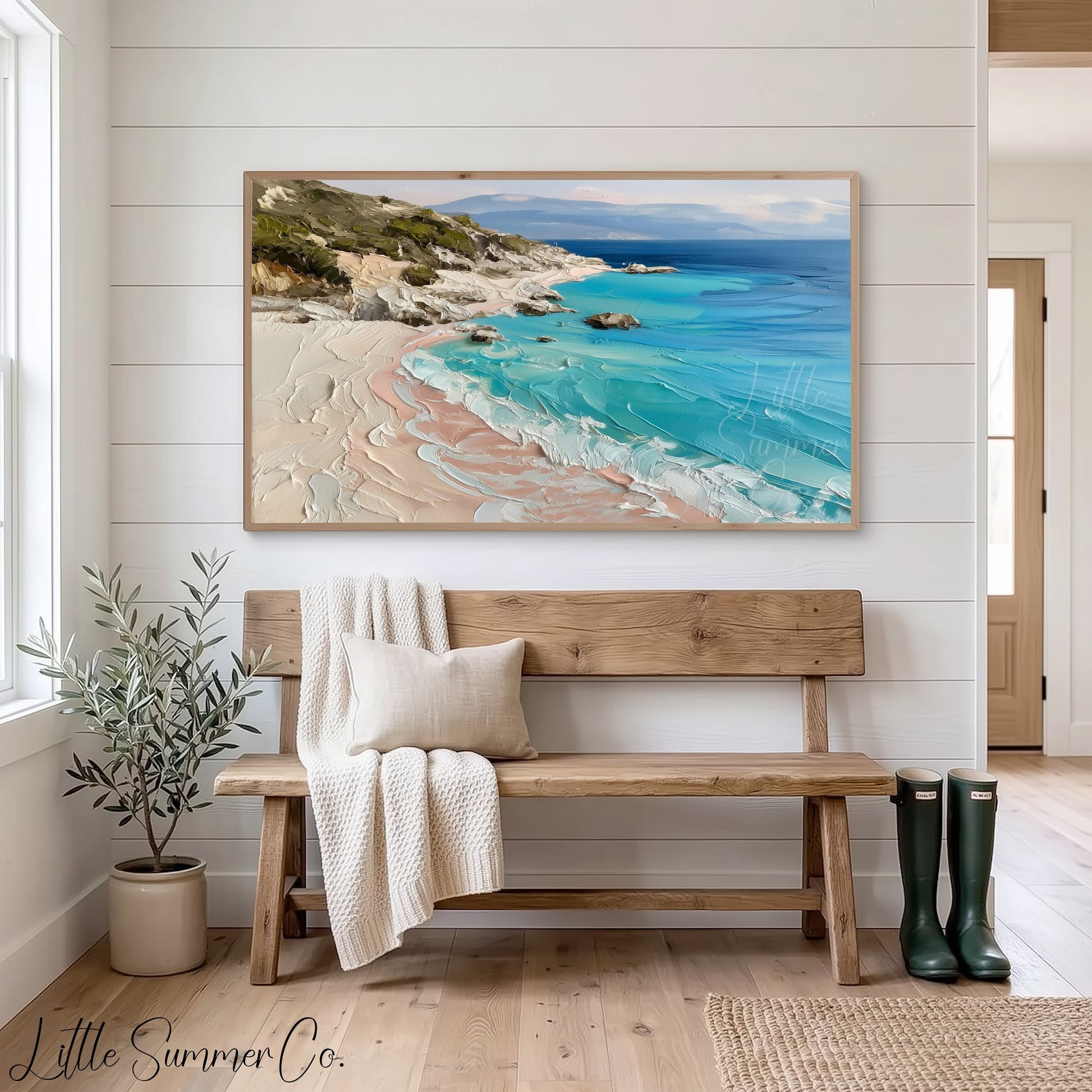 Turquoise Rocky Coastline Frame TV Art displayed on a TV