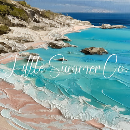 Turquoise Rocky Coastline Frame TV Art displayed on a TV