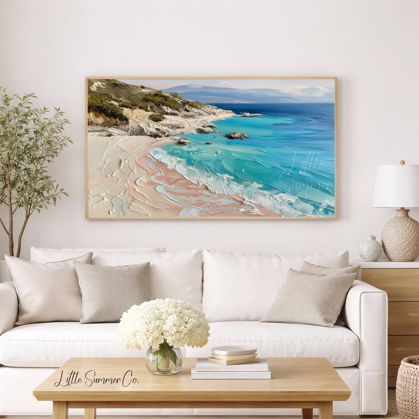 Turquoise Rocky Coastline Frame TV Art displayed on a TV