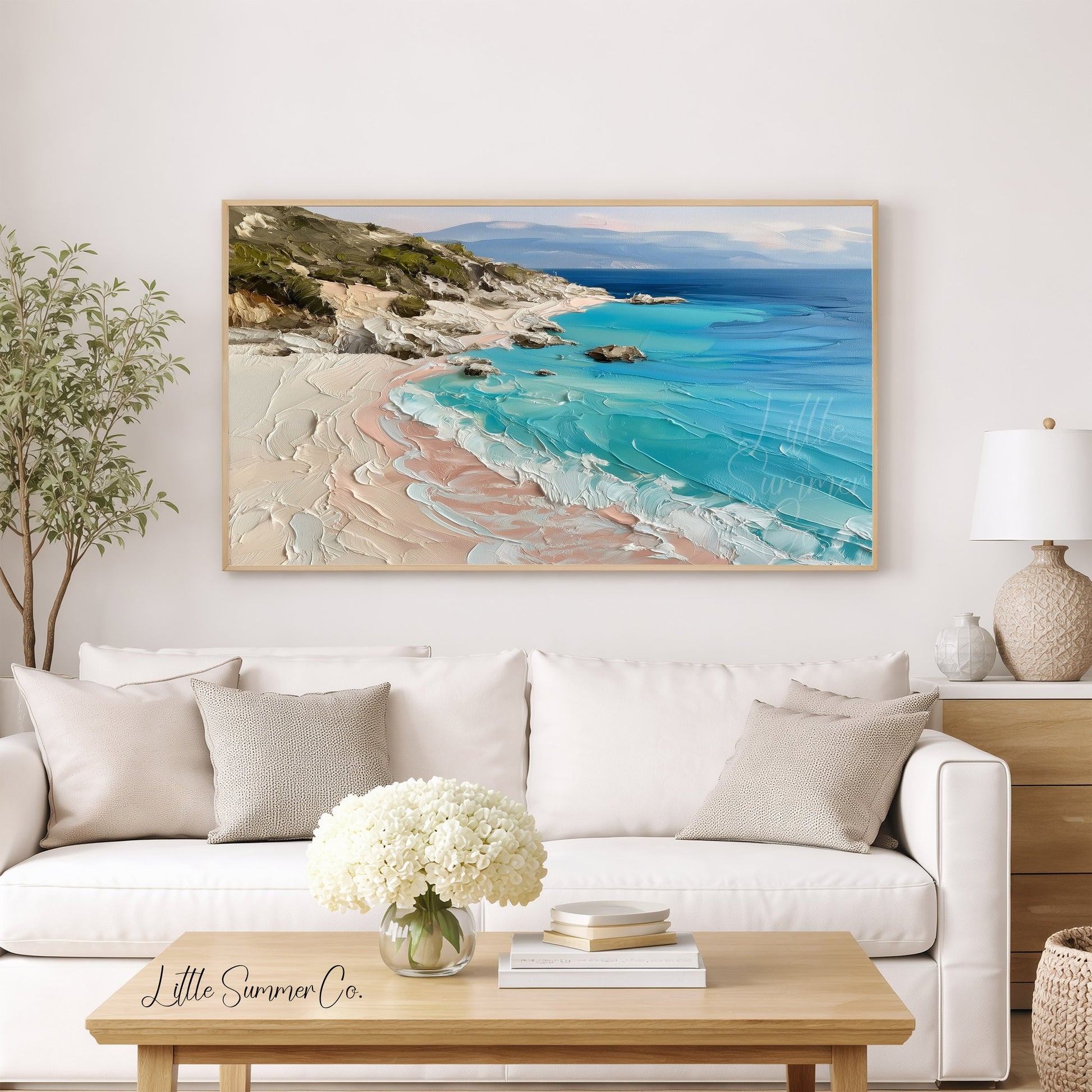 Turquoise Rocky Coastline Frame TV Art displayed on a TV