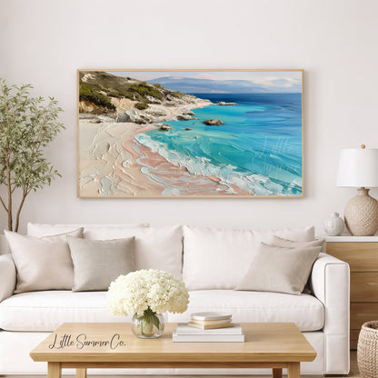 Turquoise Rocky Coastline Frame TV Art displayed on a TV