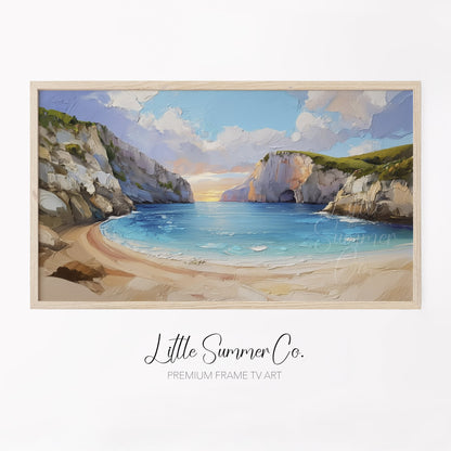 Secluded Cove at Sunset Frame TV Art displayed on a TV