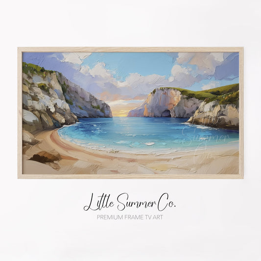 Secluded Cove at Sunset Frame TV Art displayed on a TV