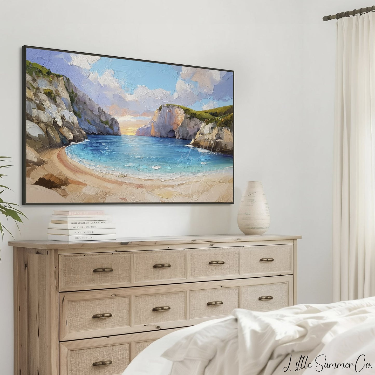 Secluded Cove at Sunset Frame TV Art displayed on a TV