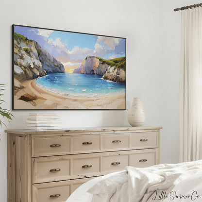 Secluded Cove at Sunset Frame TV Art displayed on a TV