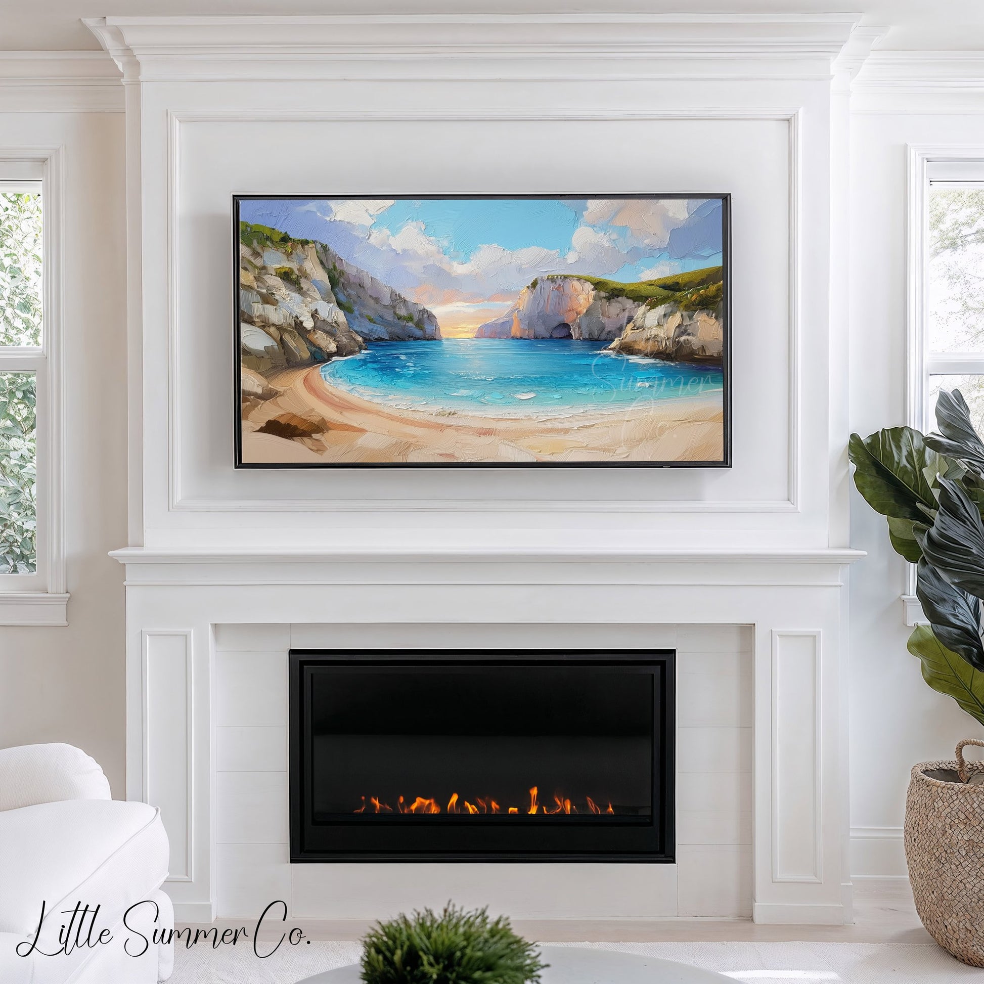 Secluded Cove at Sunset Frame TV Art displayed on a TV