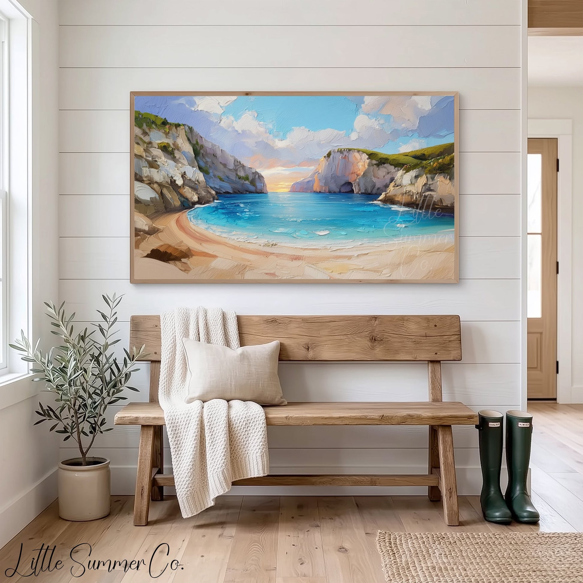 Secluded Cove at Sunset Frame TV Art displayed on a TV