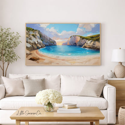 Secluded Cove at Sunset Frame TV Art displayed on a TV