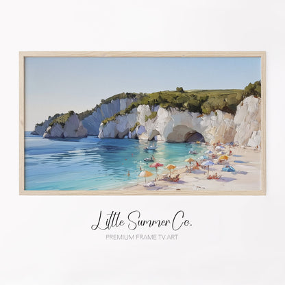 Sunny Beach Under White Cliffs Frame TV Art displayed on a TV
