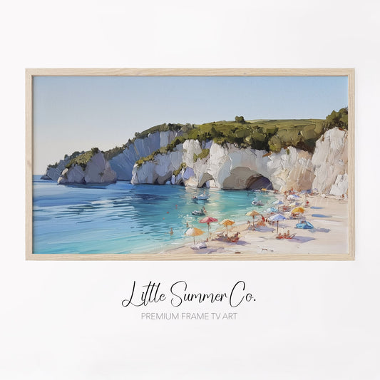 Sunny Beach Under White Cliffs Frame TV Art displayed on a TV