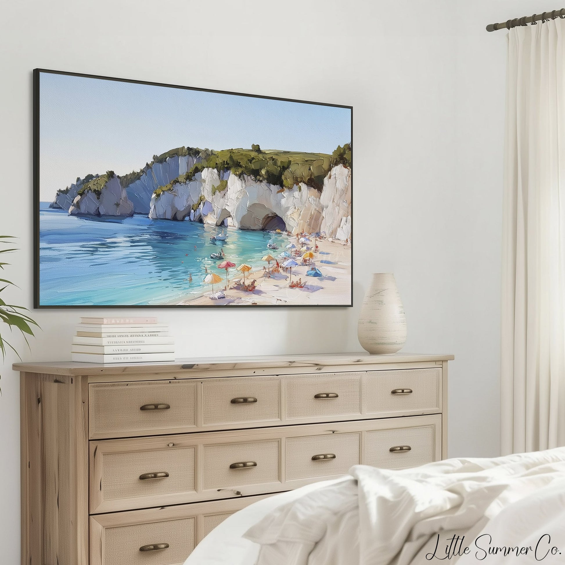 Sunny Beach Under White Cliffs Frame TV Art displayed on a TV