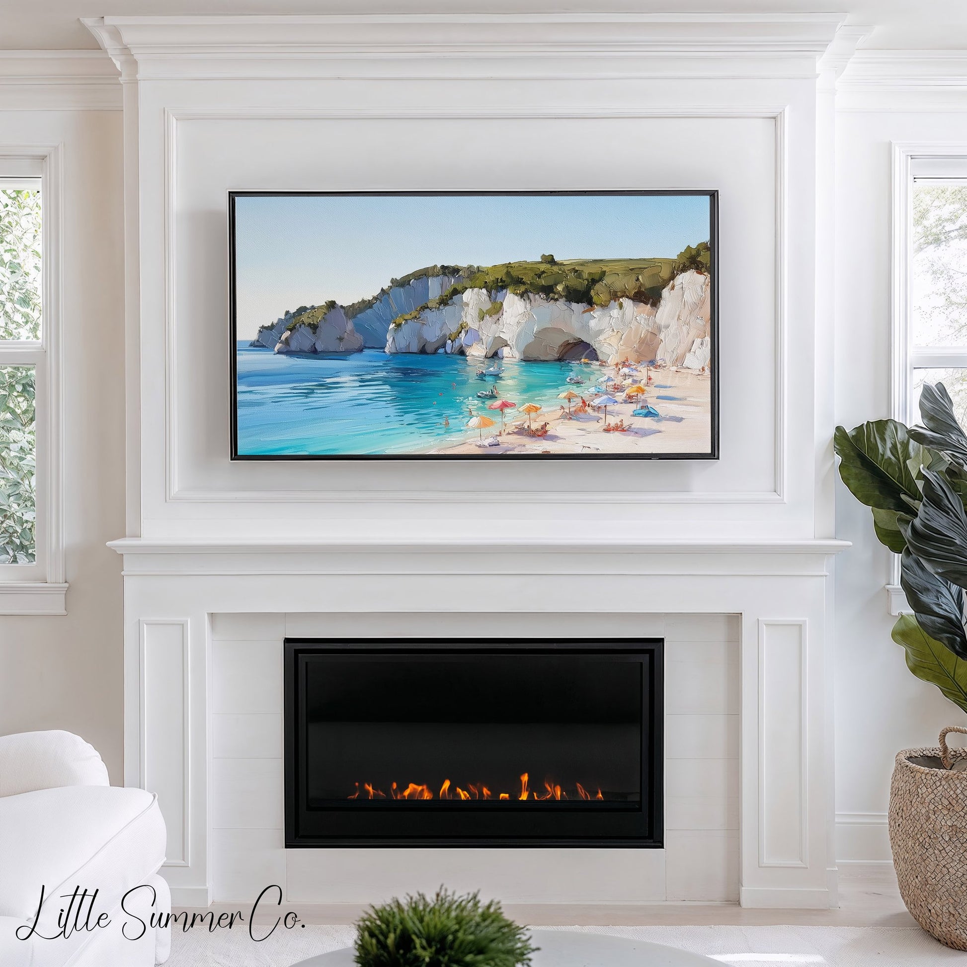 Sunny Beach Under White Cliffs Frame TV Art displayed on a TV