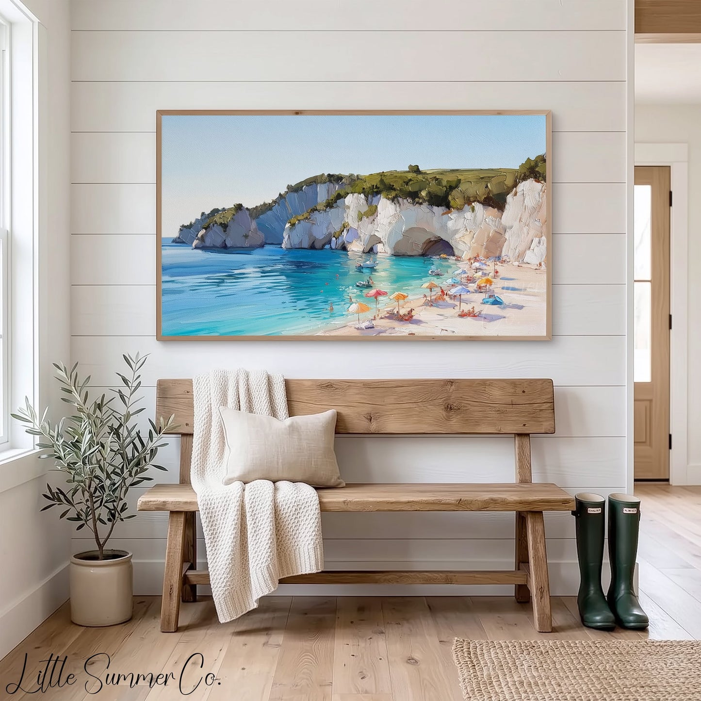 Sunny Beach Under White Cliffs Frame TV Art displayed on a TV