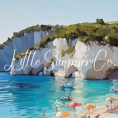 Sunny Beach Under White Cliffs Frame TV Art displayed on a TV