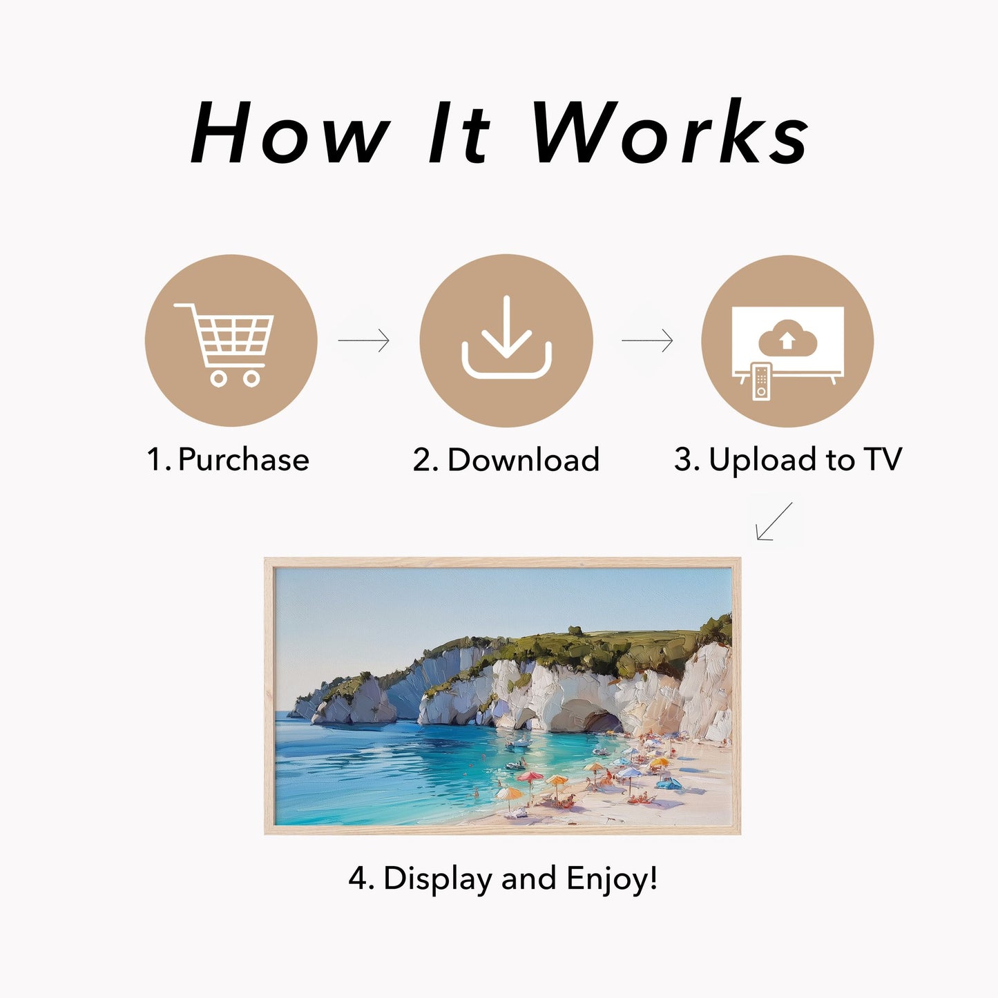 Sunny Beach Under White Cliffs Frame TV Art displayed on a TV