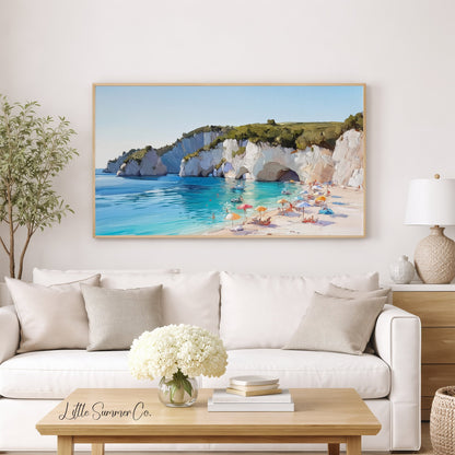 Sunny Beach Under White Cliffs Frame TV Art displayed on a TV