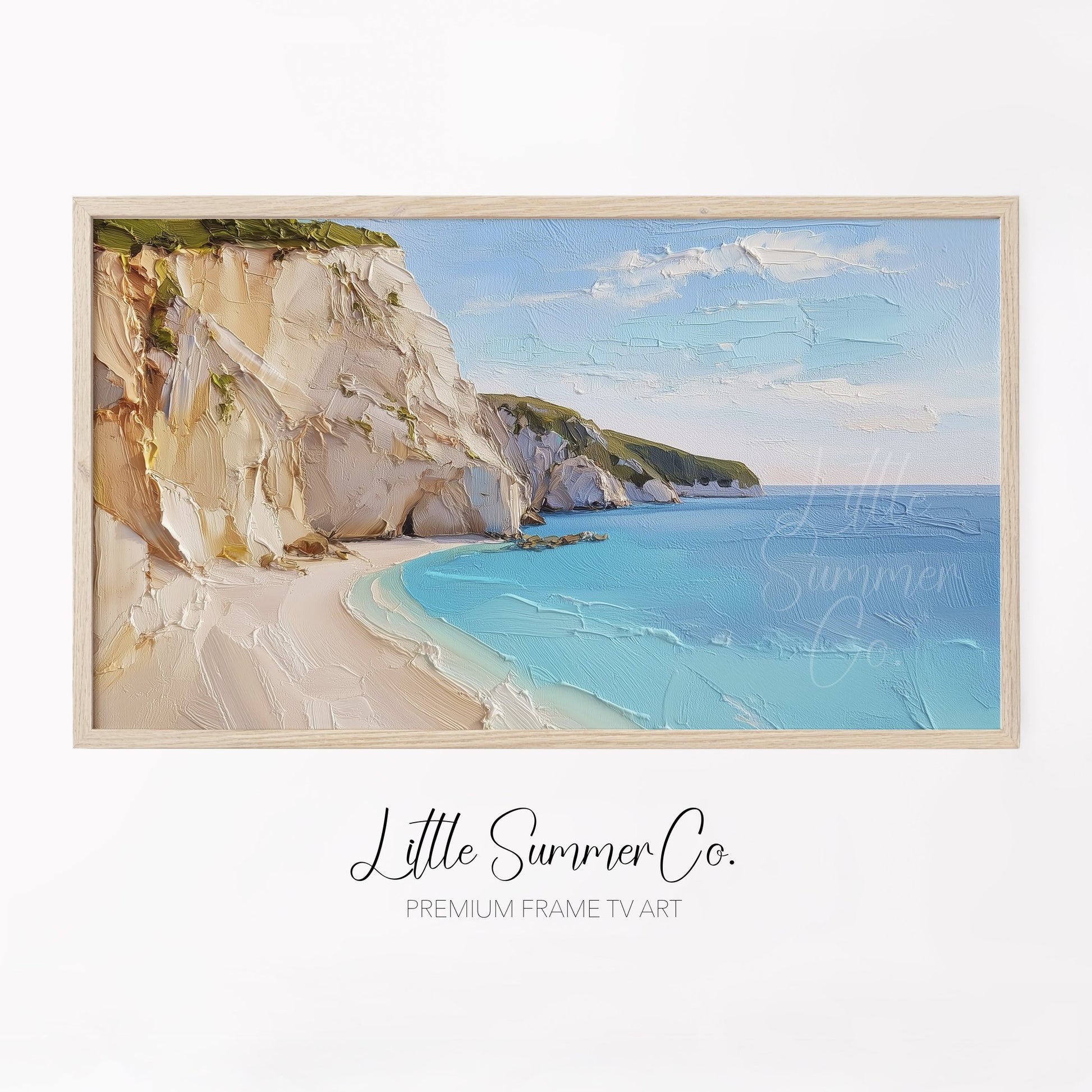 White Cliffs Turquoise Cove Frame TV Art displayed on a TV