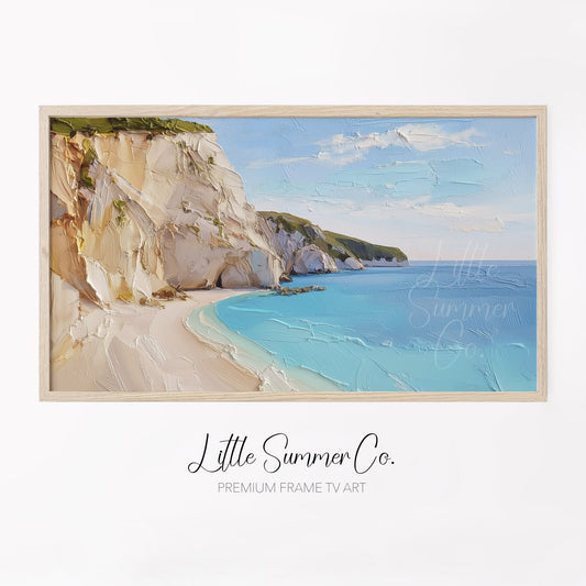 White Cliffs Turquoise Cove Frame TV Art displayed on a TV
