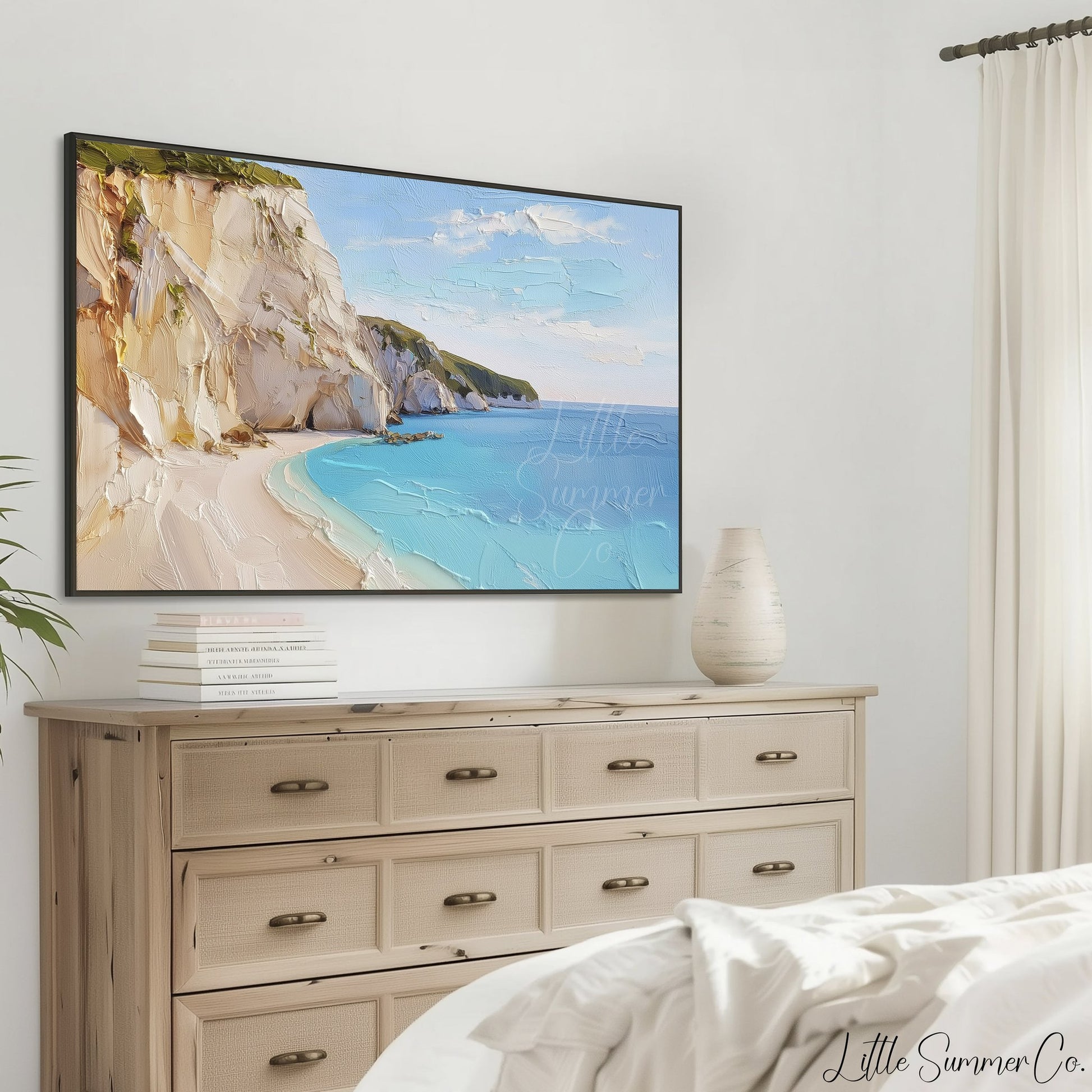 White Cliffs Turquoise Cove Frame TV Art displayed on a TV
