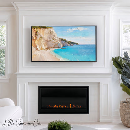 White Cliffs Turquoise Cove Frame TV Art displayed on a TV