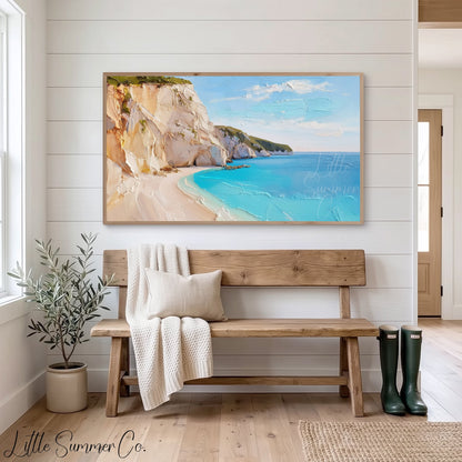 White Cliffs Turquoise Cove Frame TV Art displayed on a TV