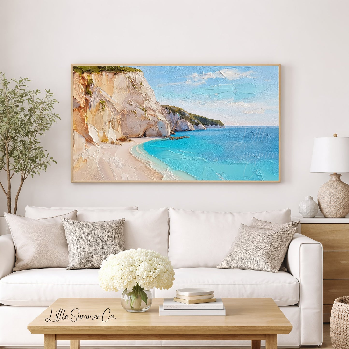 White Cliffs Turquoise Cove Frame TV Art displayed on a TV