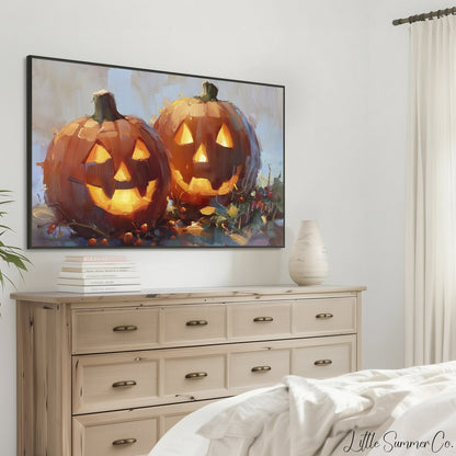 Glowing Jack-o-Lanterns Frame TV Art displayed on a TV