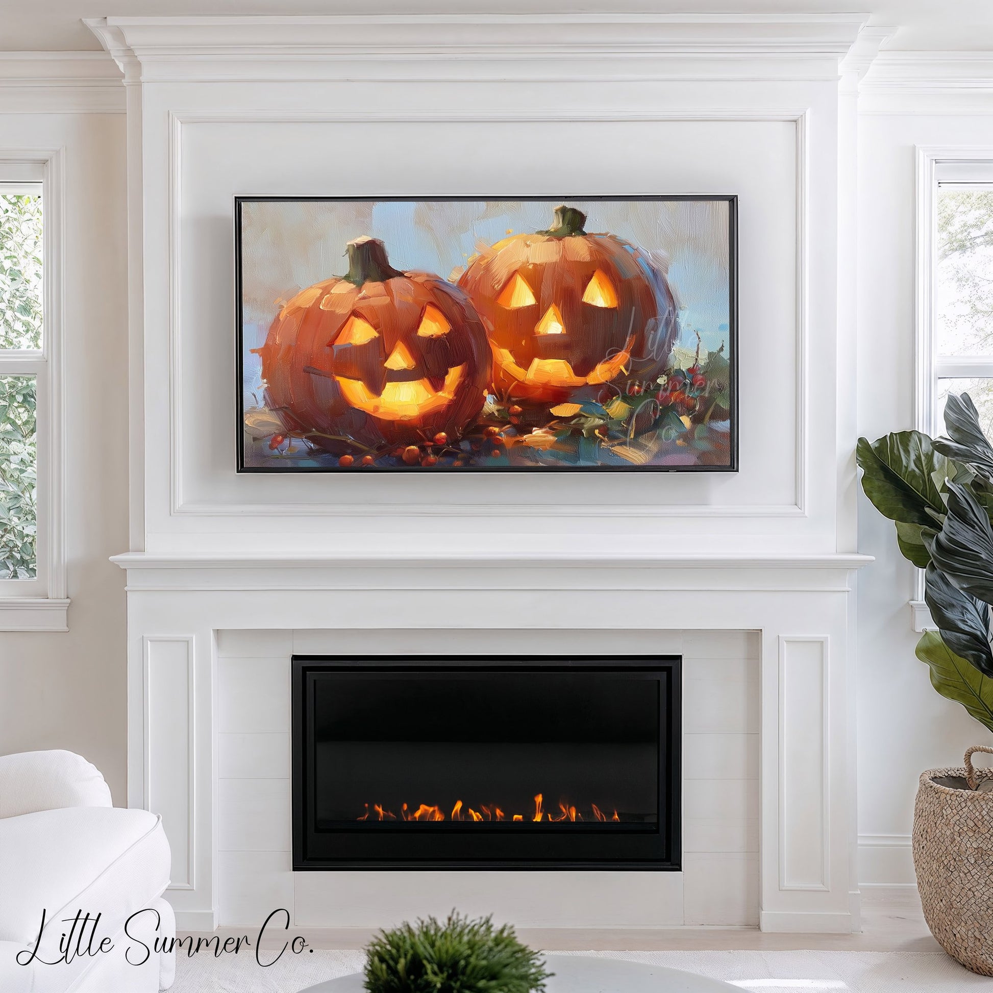 Glowing Jack-o-Lanterns Frame TV Art displayed on a TV