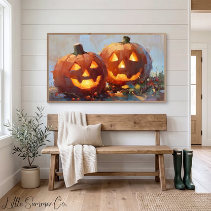 Glowing Jack-o-Lanterns Frame TV Art displayed on a TV