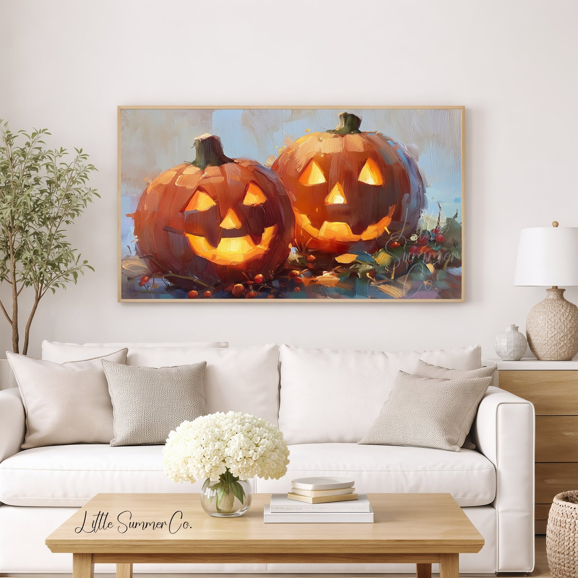 Glowing Jack-o-Lanterns Frame TV Art displayed on a TV
