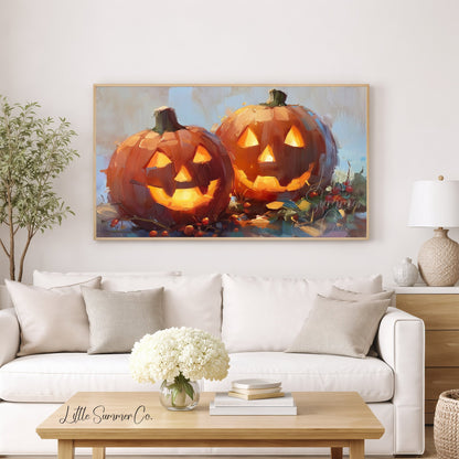 Glowing Jack-o-Lanterns Frame TV Art displayed on a TV
